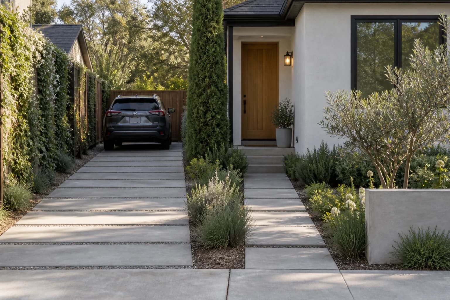Finished driveway landscape coordinating drainage, lighting, and house materials