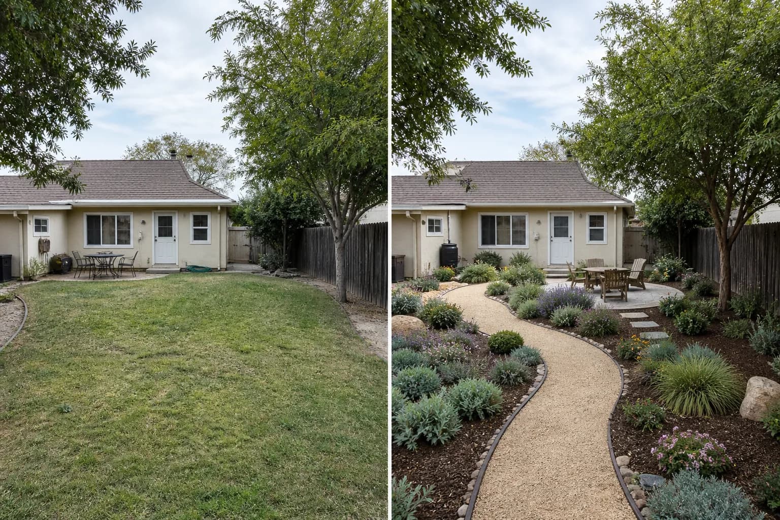 Before-and-after modern backyard design created from an ordinary residential yard photo: Low maintenance with less lawn