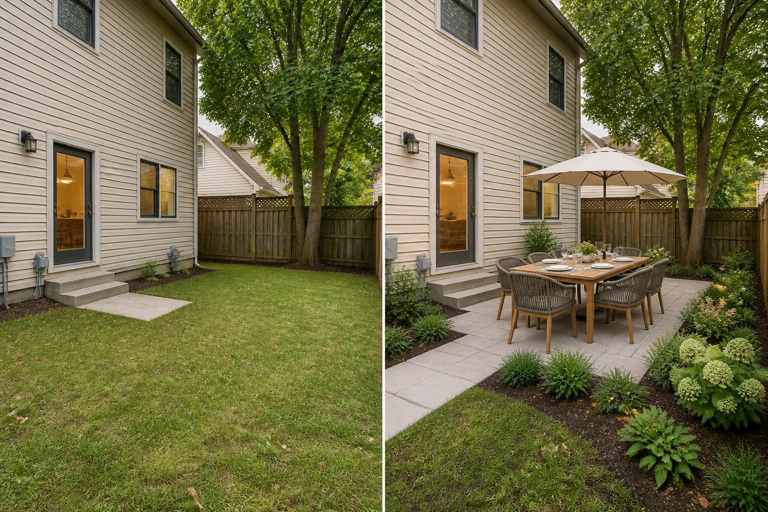 Before-and-after modern backyard design created from an ordinary residential yard photo: Six-person dining near the kitchen