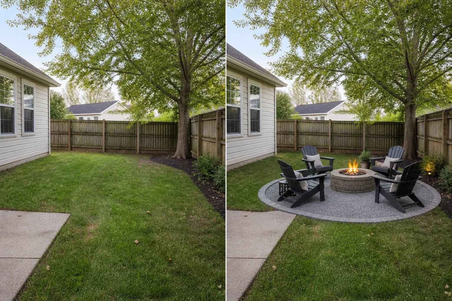 Before-and-after modern backyard design created from an ordinary residential yard photo: A modern fire-pit conversation area