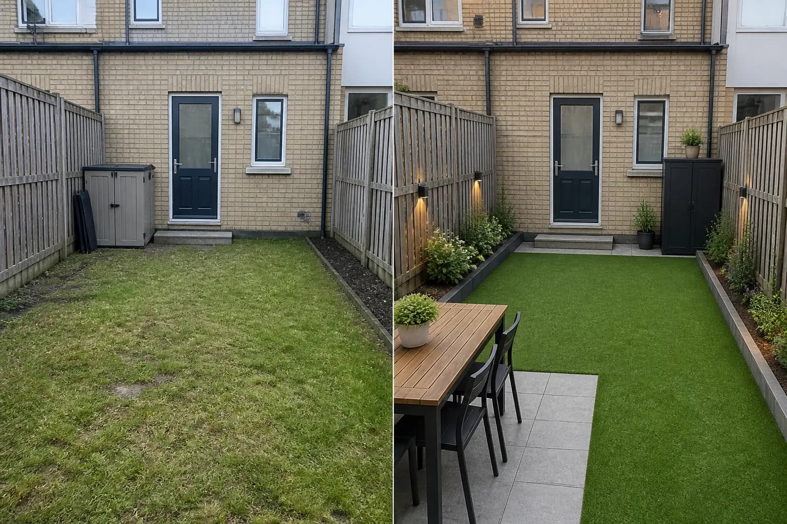 Before-and-after modern backyard design created from an ordinary residential yard photo: A small multipurpose backyard