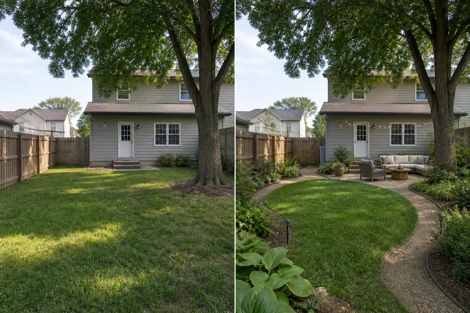 Before-and-after modern backyard design created from an ordinary residential yard photo: A family-friendly modern yard