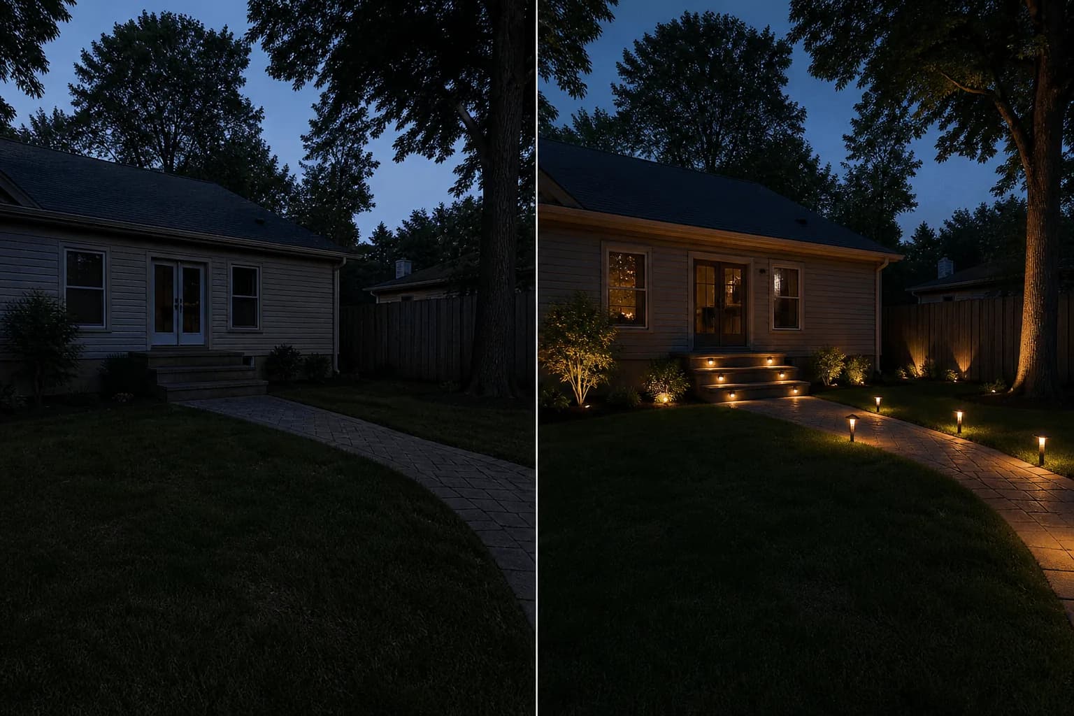 Before-and-after modern backyard design created from an ordinary residential yard photo: Low-glare evening lighting