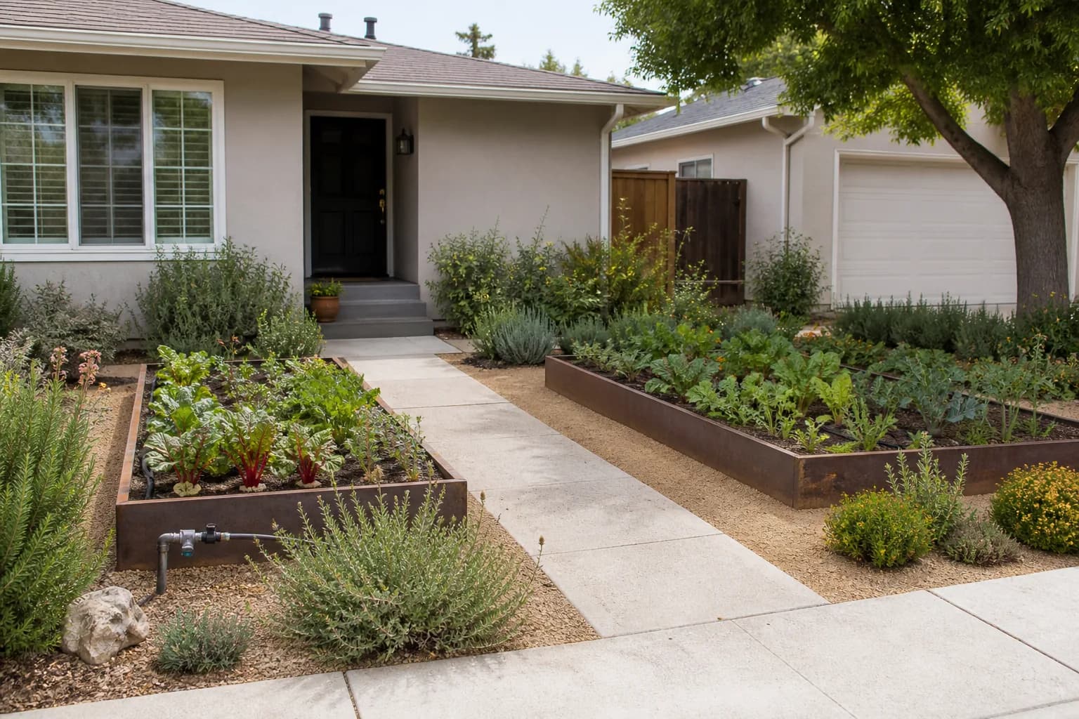 Before-and-after view of a front lawn redesigned as low-maintenance landscaping without grass: Low raised beds for an edible front yard