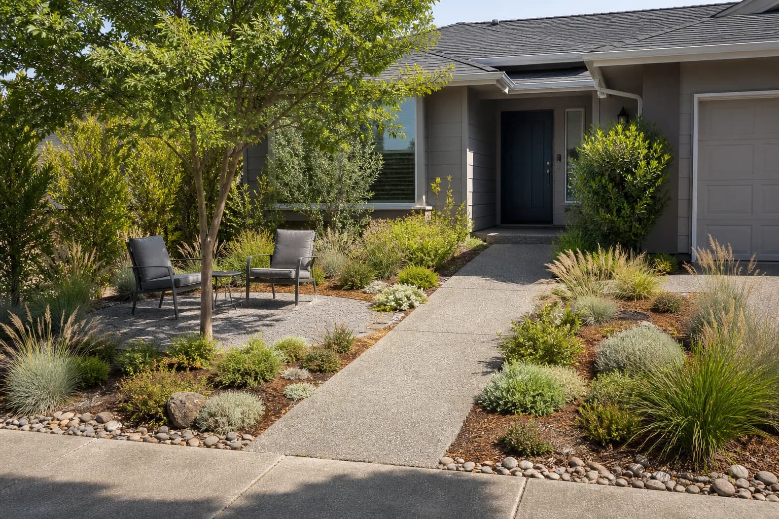 Before-and-after view of a front lawn redesigned as low-maintenance landscaping without grass: A two-person sitting nook near the entry