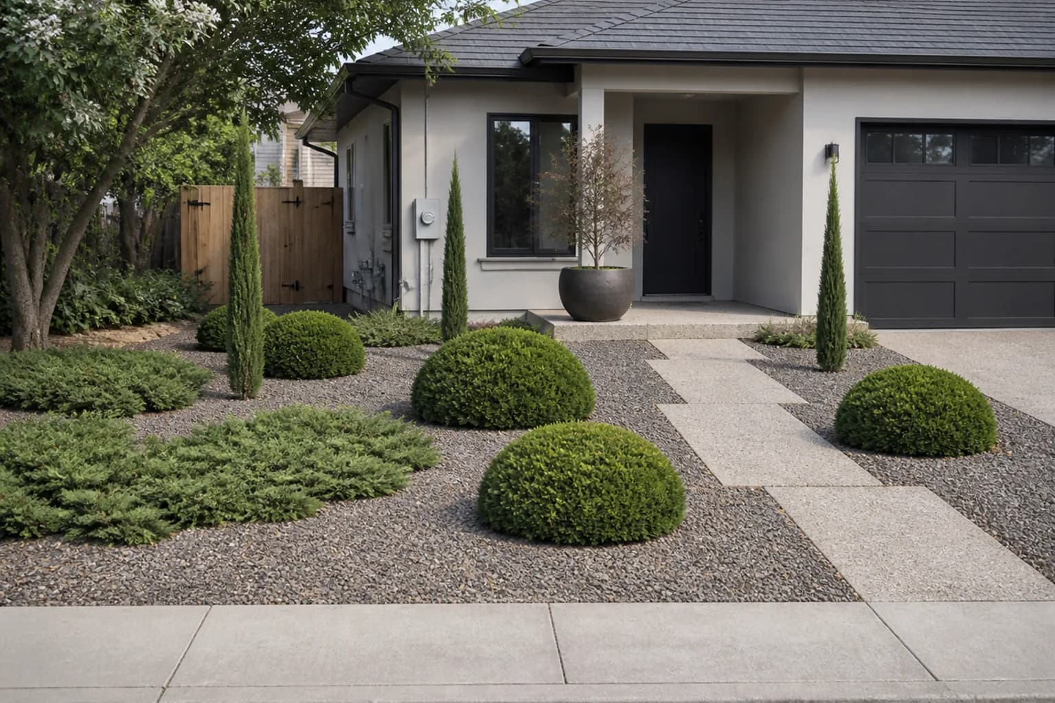 Before-and-after view of a front lawn redesigned as low-maintenance landscaping without grass: Minimal evergreen structure