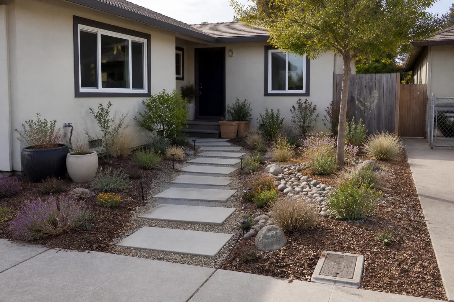 Before-and-after view of a front lawn redesigned as low-maintenance landscaping without grass: Stone, containers, and a reversible makeover