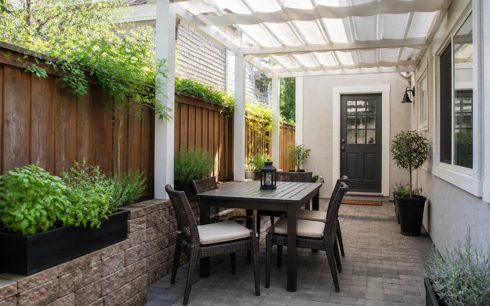 AI landscape redesign example: Compact patio dining