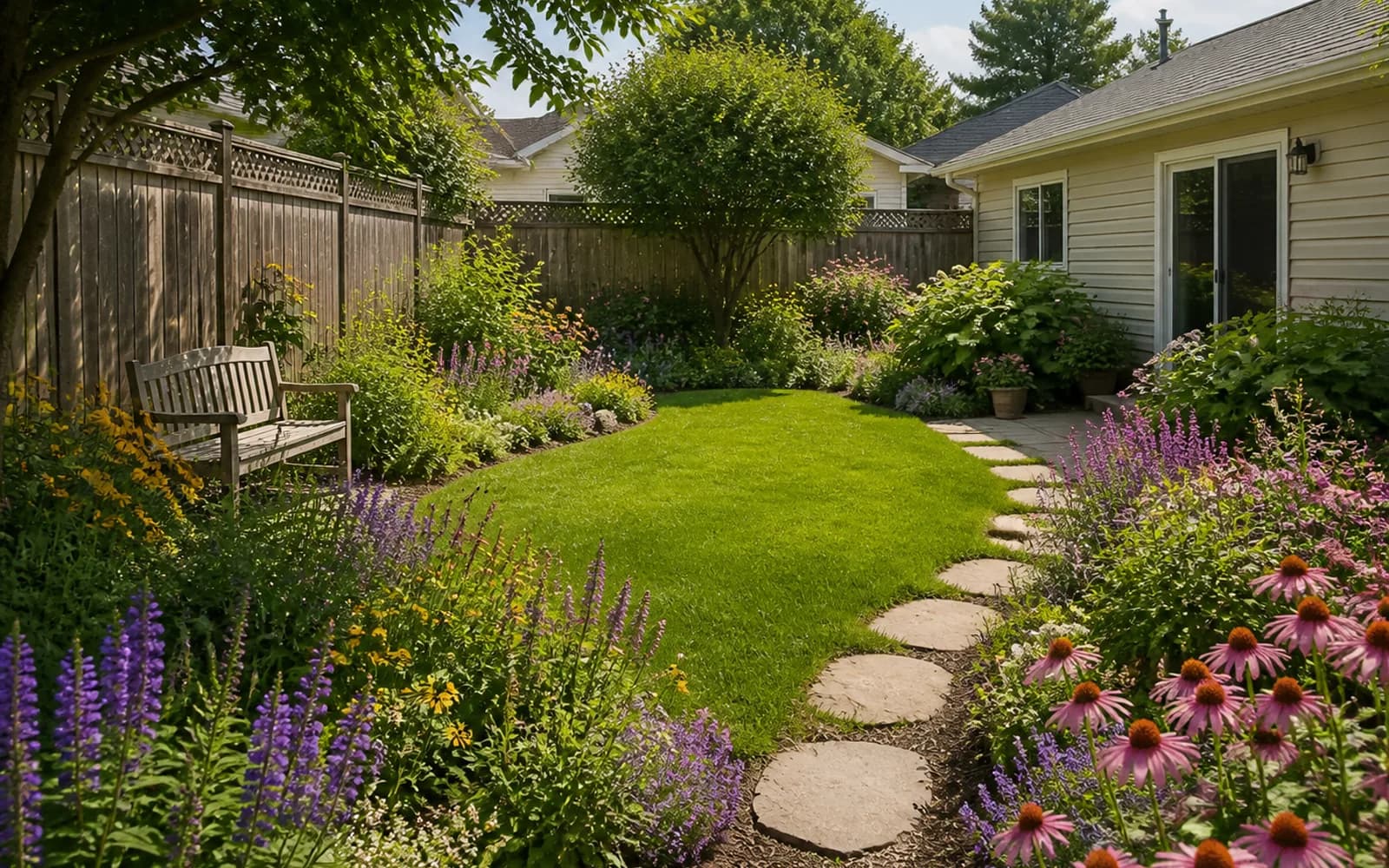 AI landscape redesign example: Cottage pollinator garden