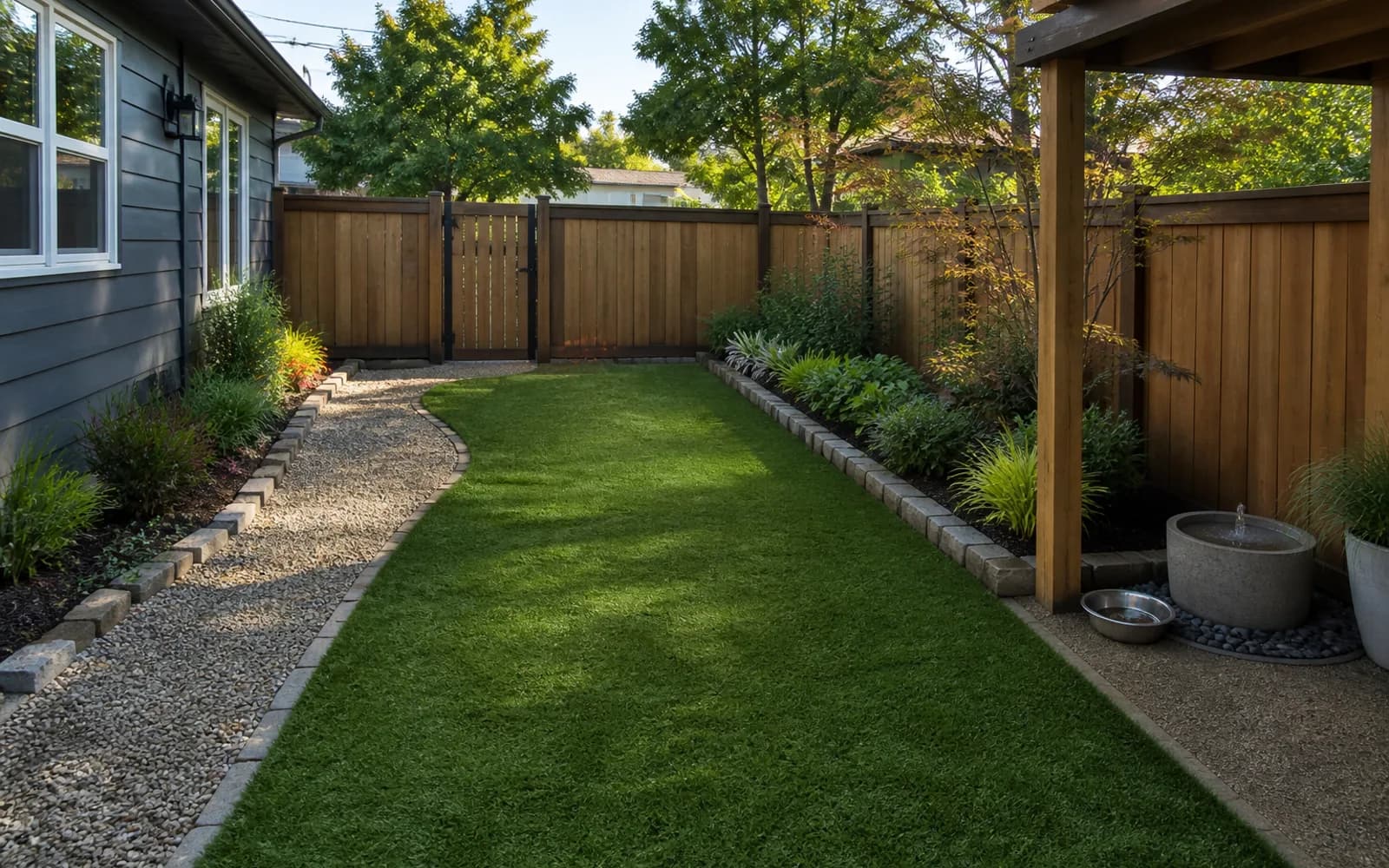 AI landscape redesign example: Pet-friendly backyard