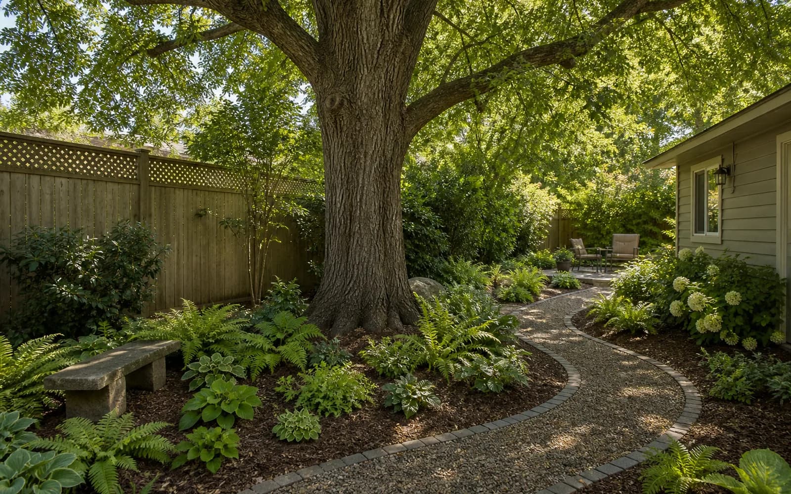 AI landscape redesign example: Design around a mature tree