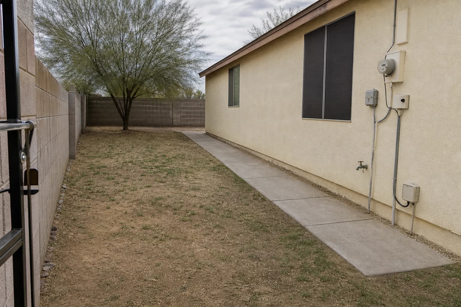 Dry side yard with patchy turf before landscape design