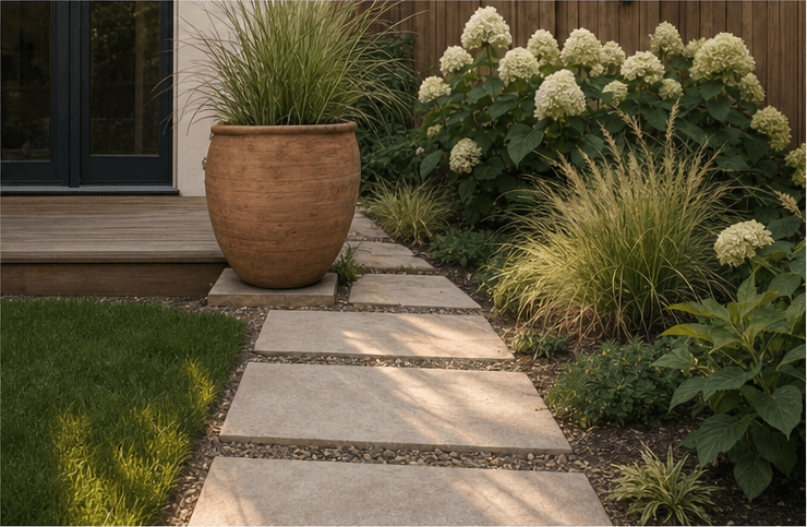 Planting and path detail in the same suburban backyard