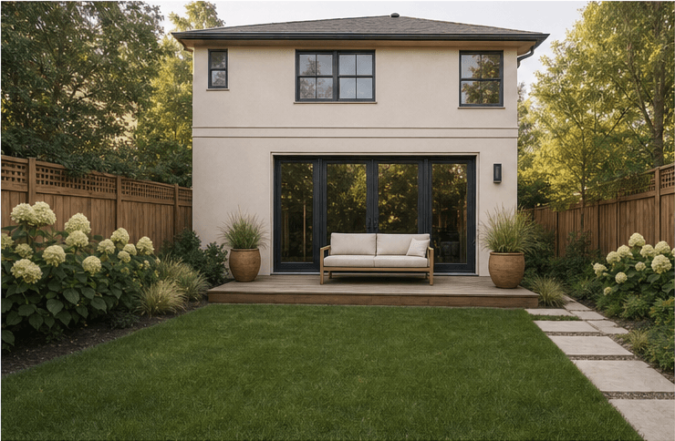 Front view of the same suburban backyard