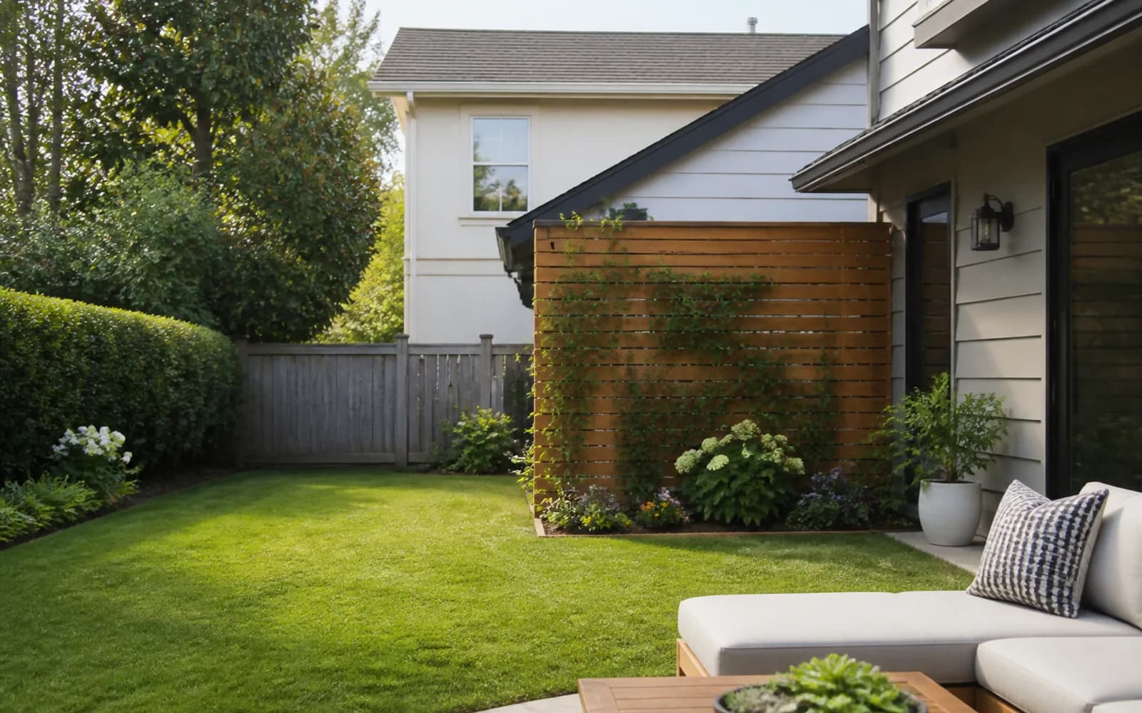Small backyard landscaping inspiration: Put a screen only where the sightline exists