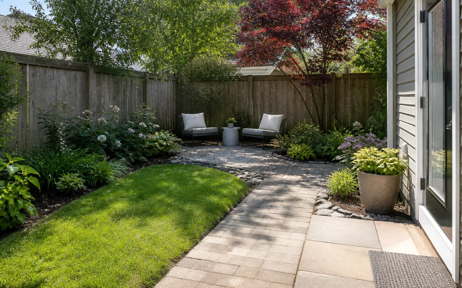 Small backyard landscaping inspiration: Move seating to the quietest corner