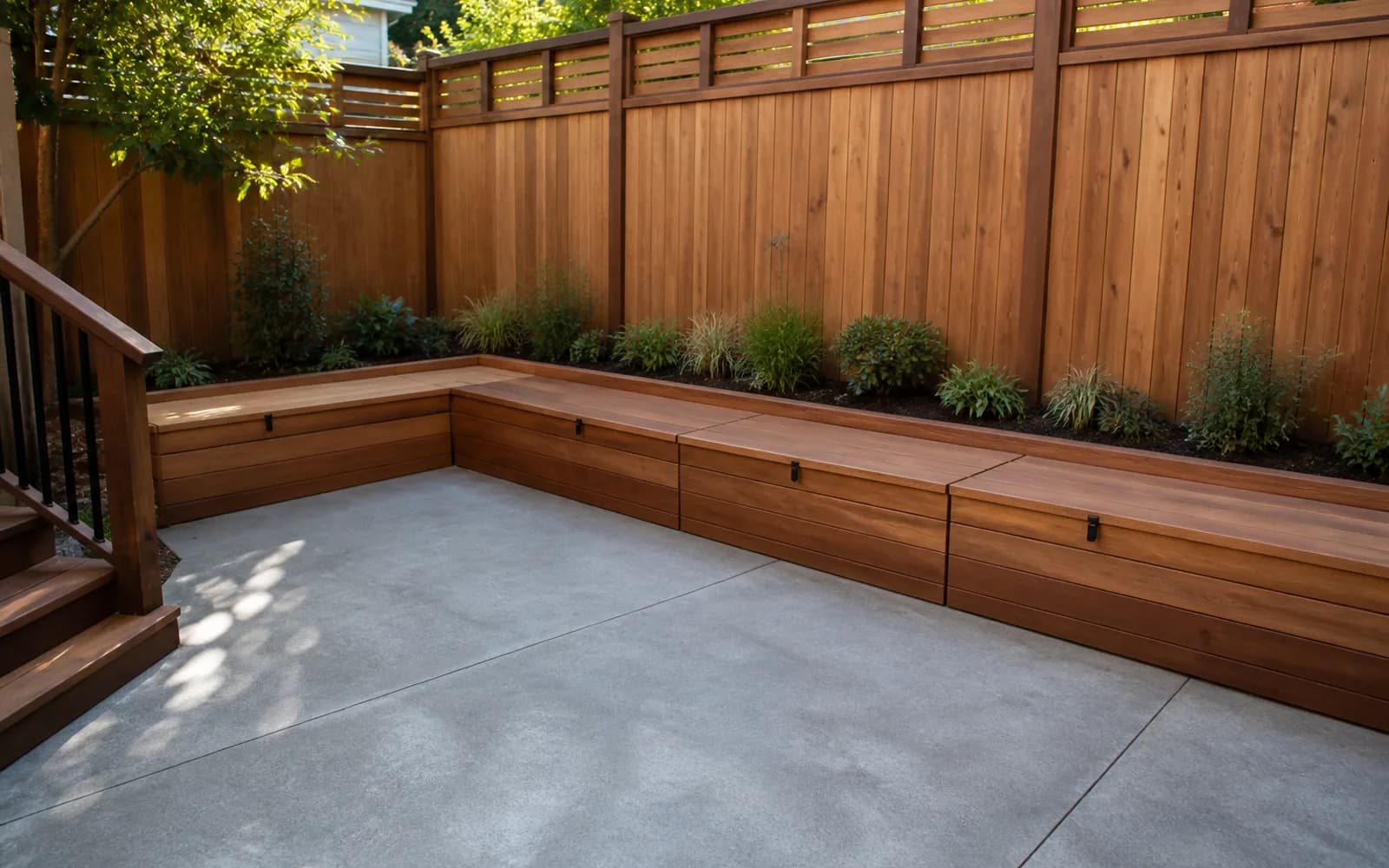 Small backyard landscaping inspiration: Build a bench against the edge