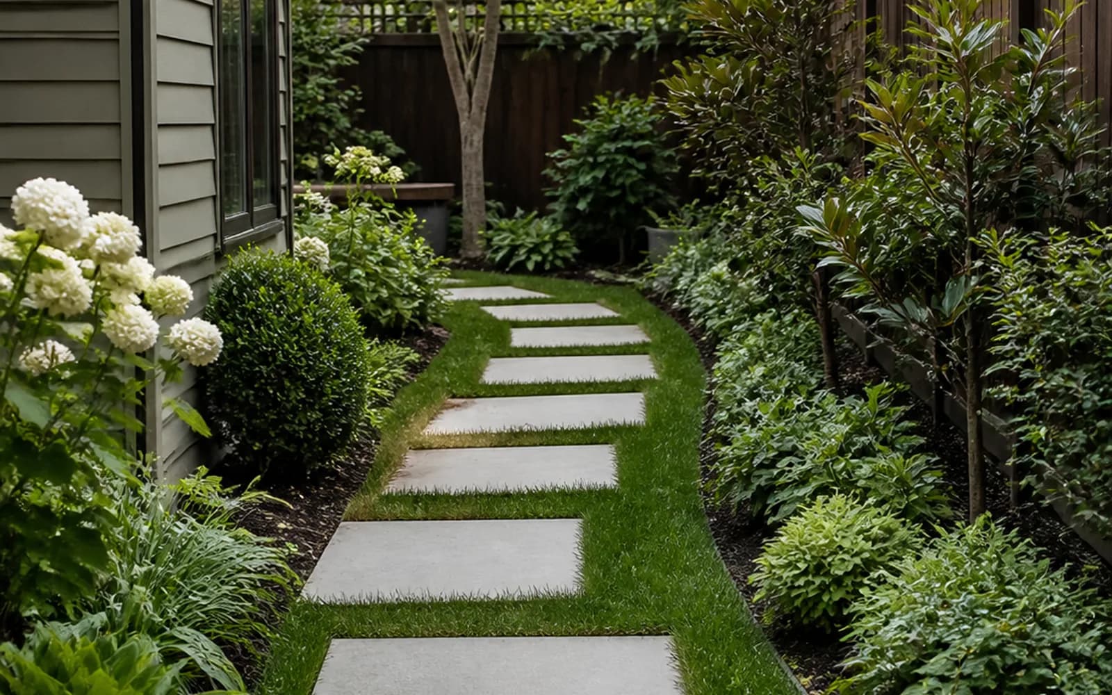 Small backyard landscaping inspiration: Angle the route toward a corner