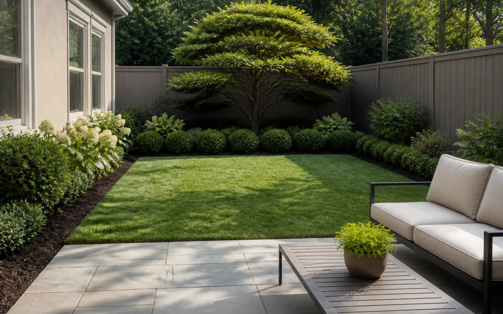Small backyard landscaping inspiration: Use one focal point