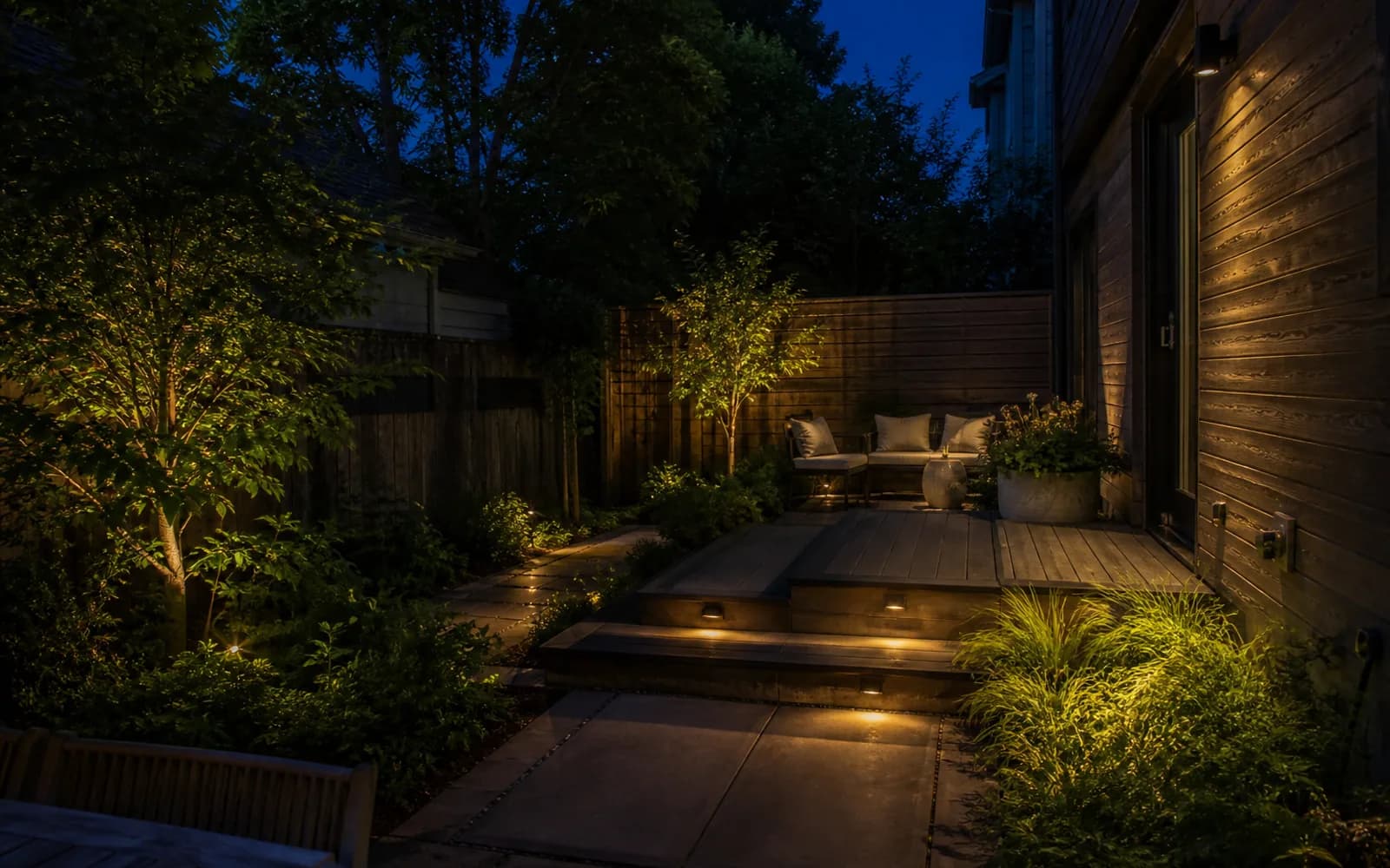 Small backyard landscaping inspiration: Light the tasks first