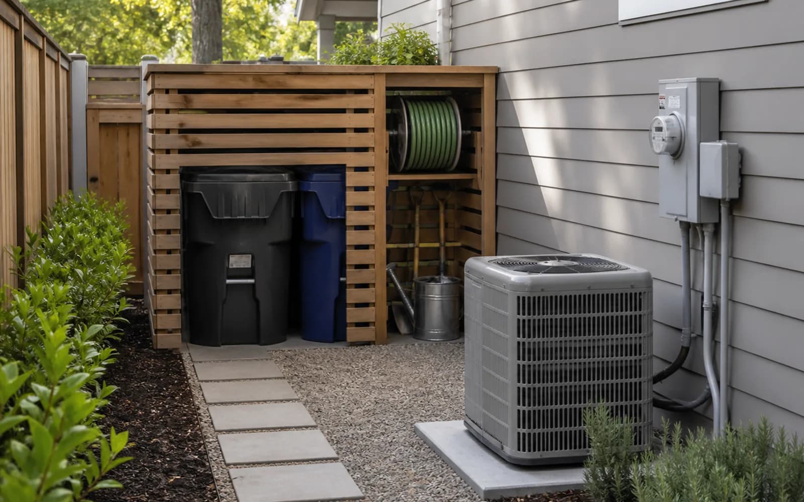 Small backyard landscaping inspiration: Combine storage with equipment screening
