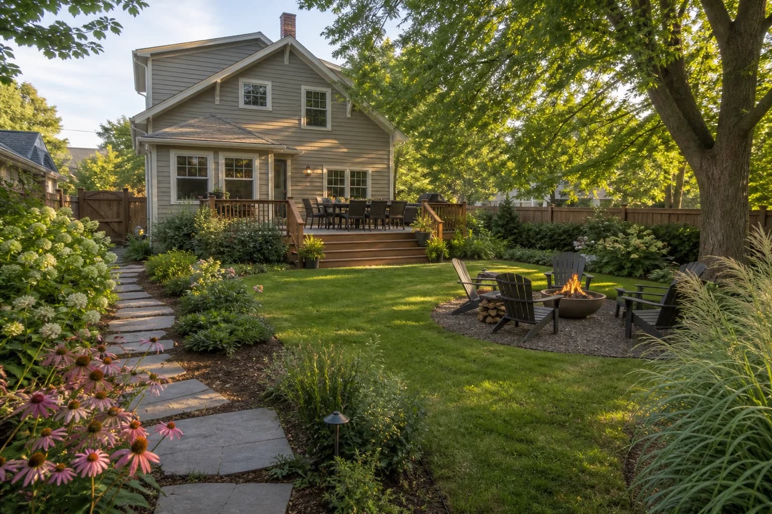Family backyard with lawn, patio, planting beds, and outdoor living zones